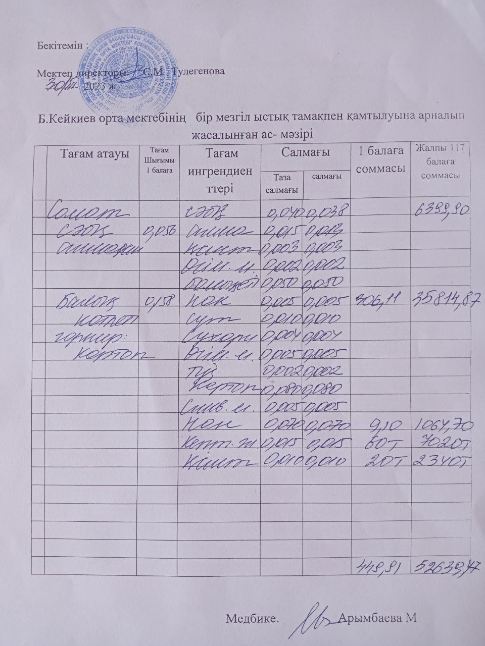күнделікті ас мәзірі