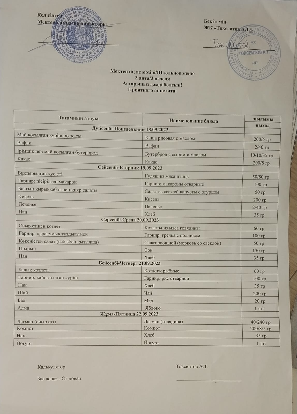 күнделікті ас мәзірі