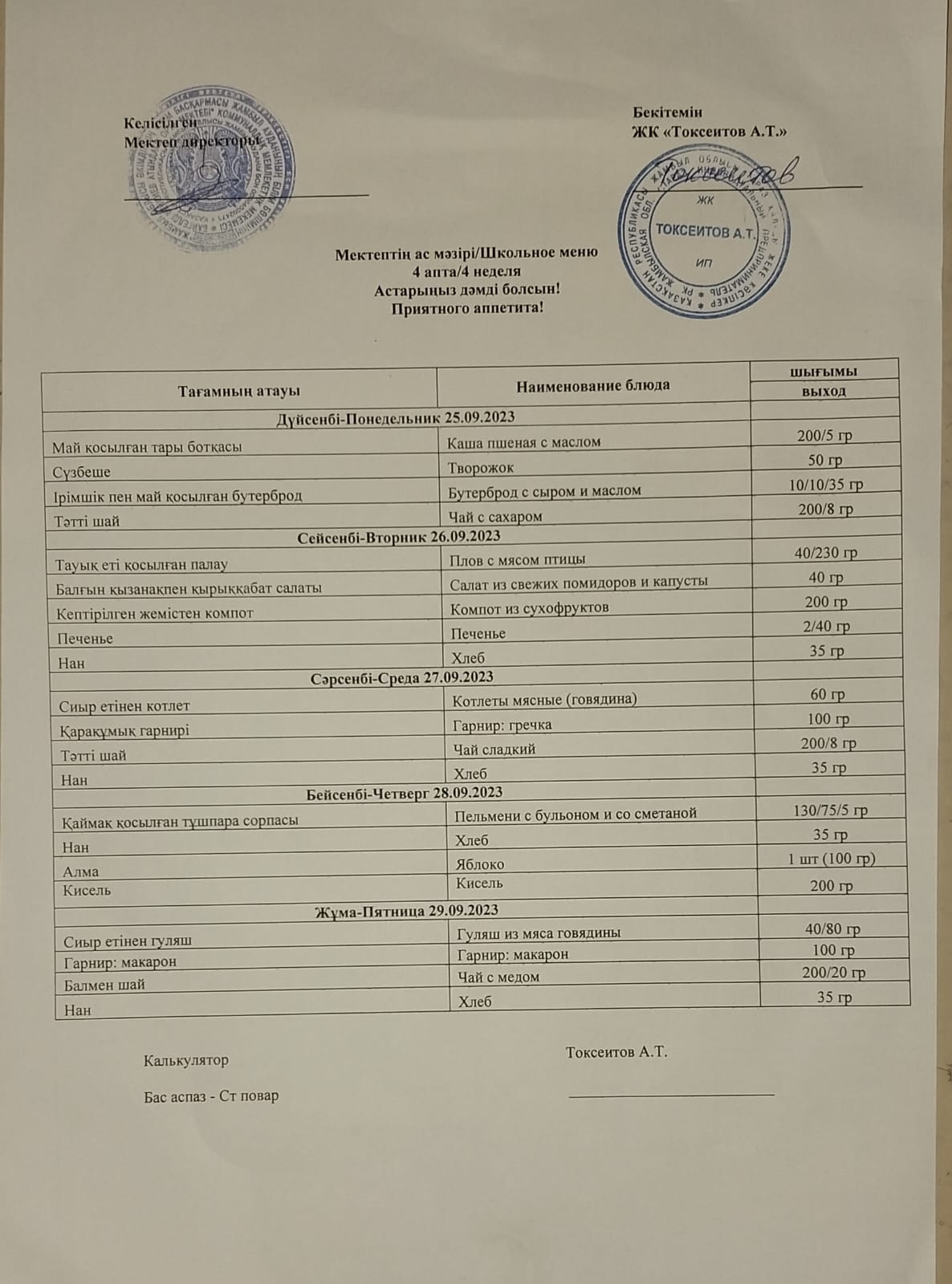 күнделікті ас мәзірі