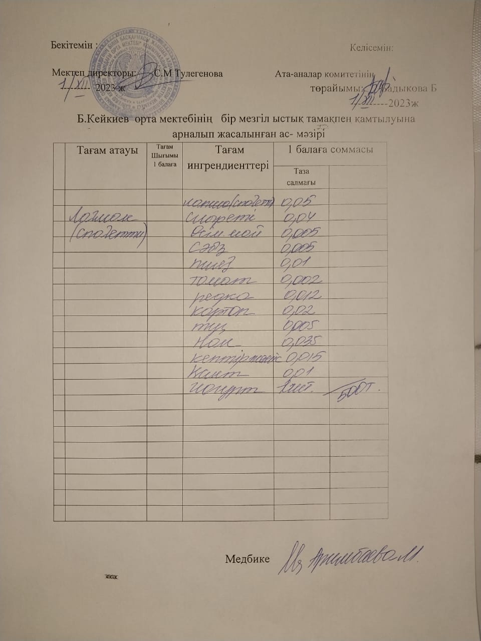 күнделікті ас мәзірі