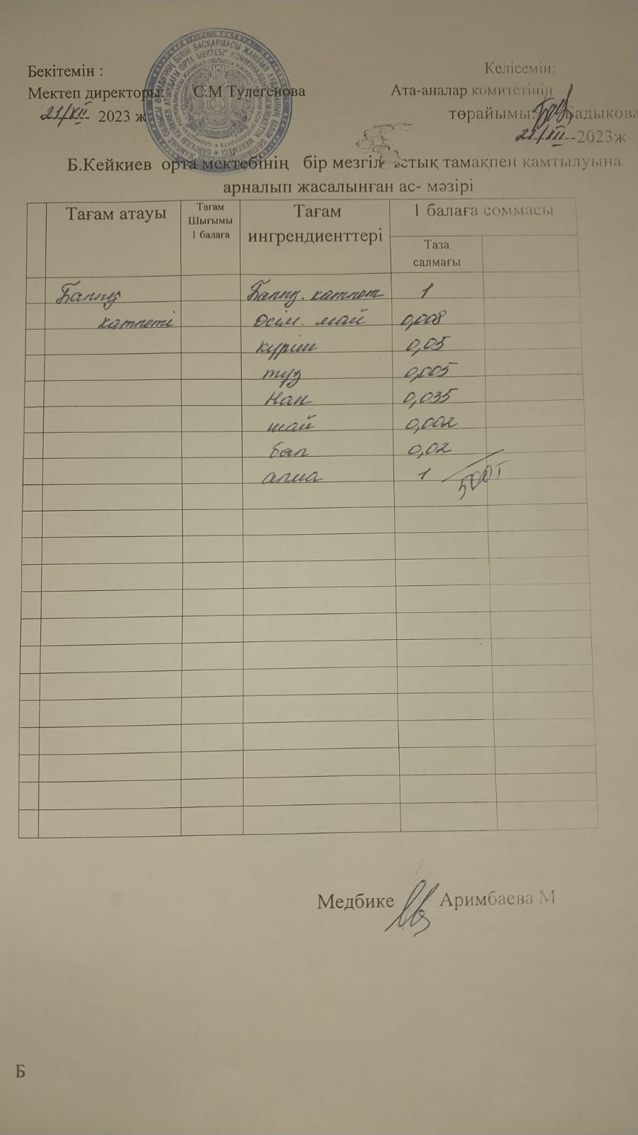 күнделікті ас мәзірі