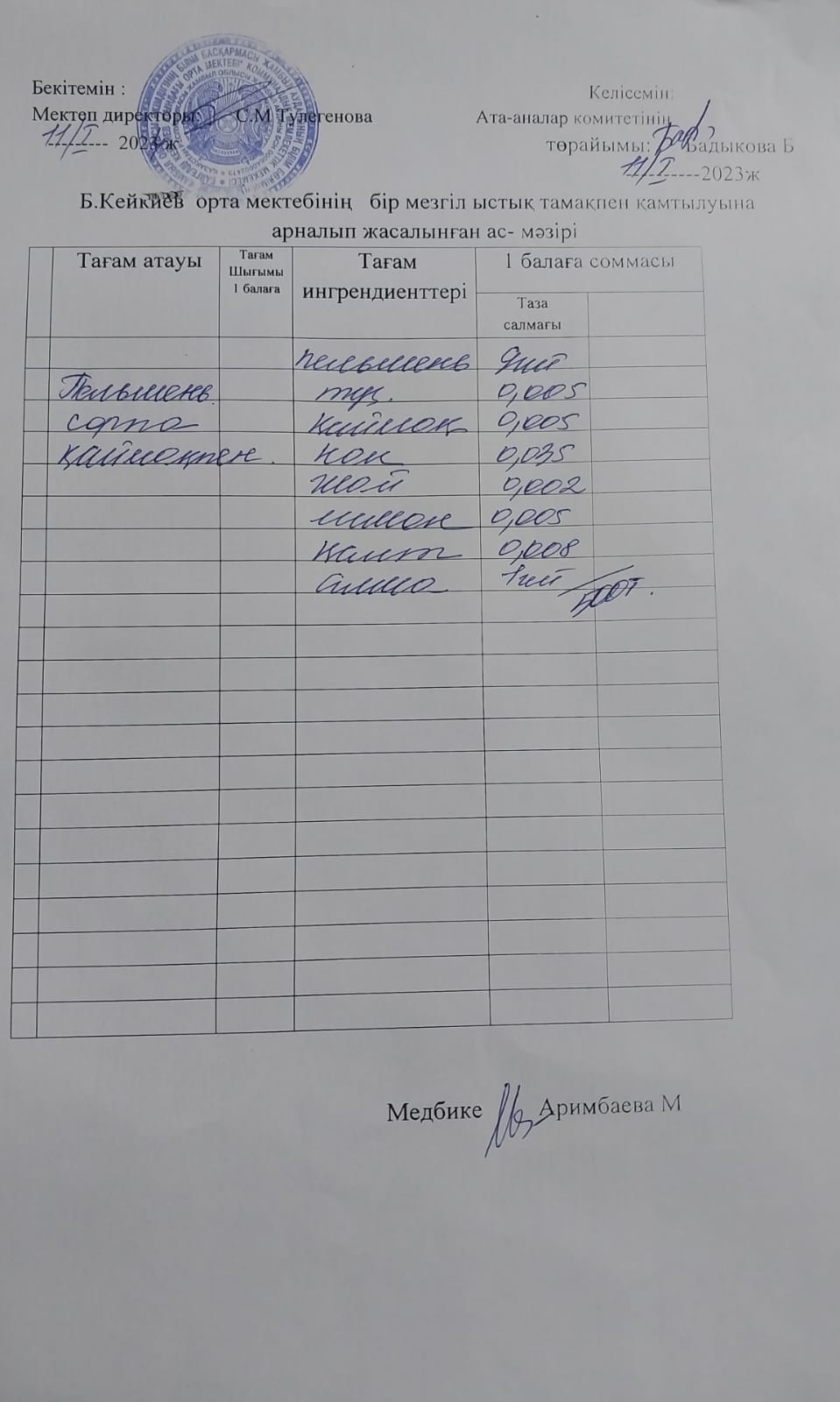 күнделікті ас мәзірі