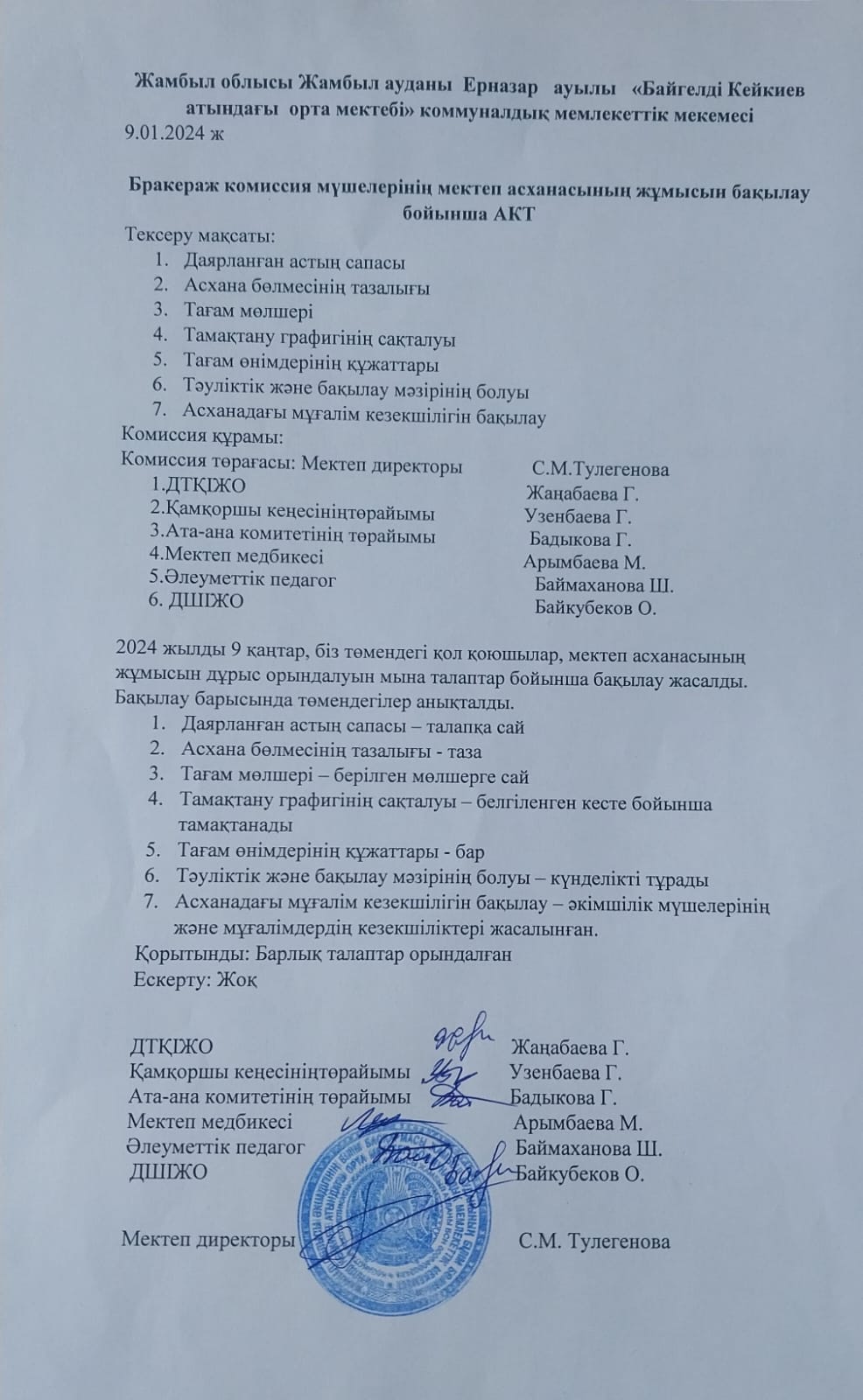 Бракераждық комиссия отырысының хаттамасы