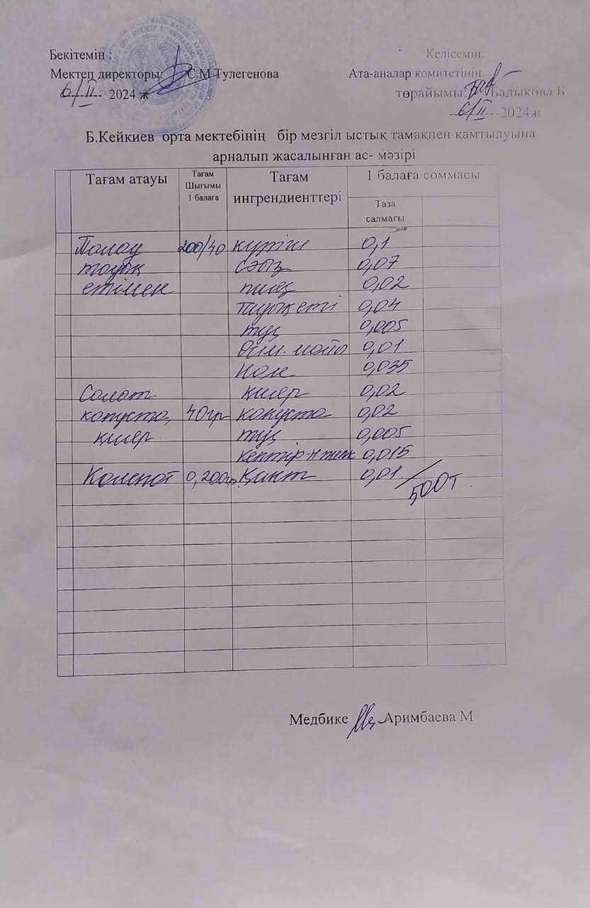 күнделікті ас мәзірі