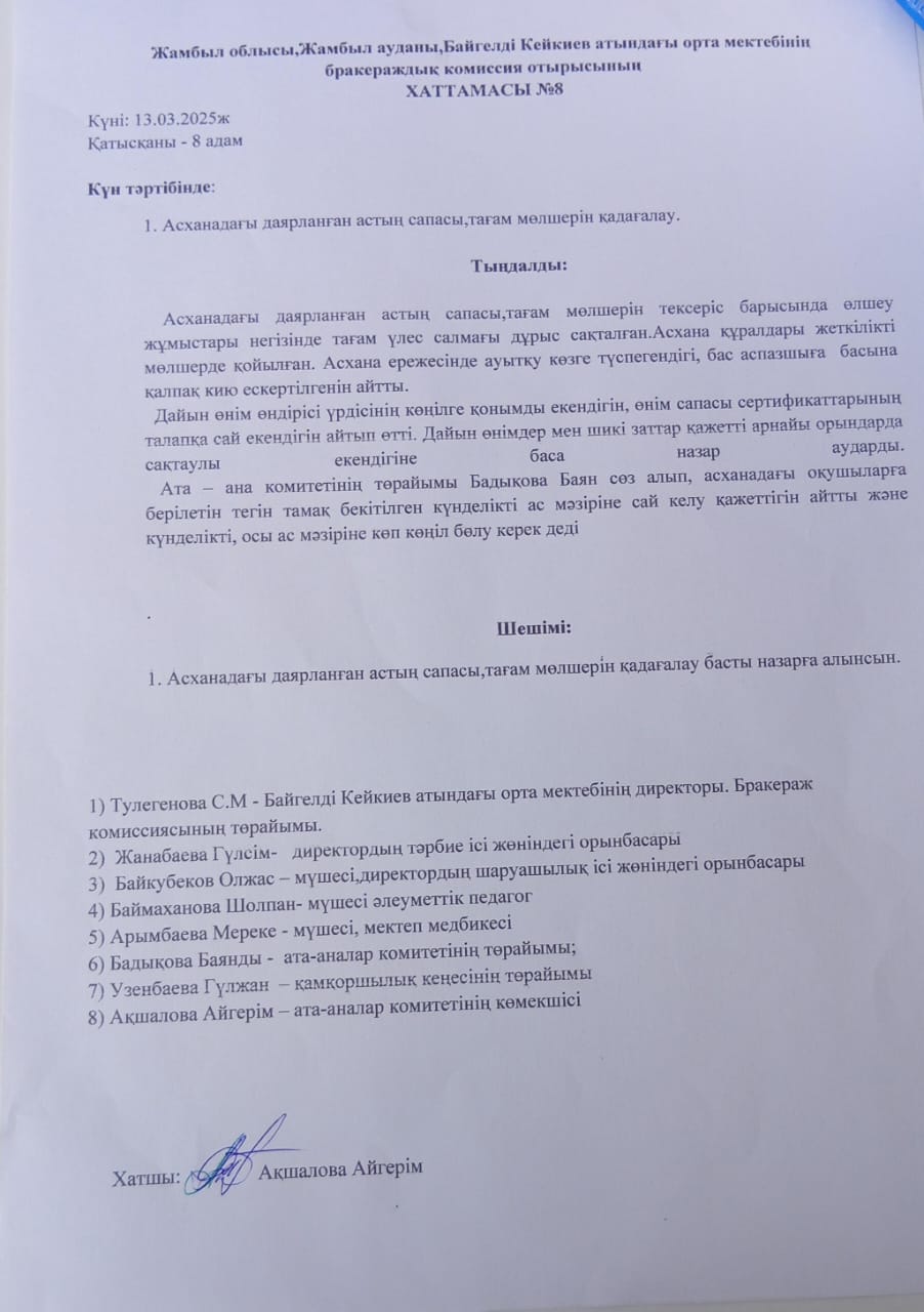 Бракераждық комиссия отырысының хаттамасы